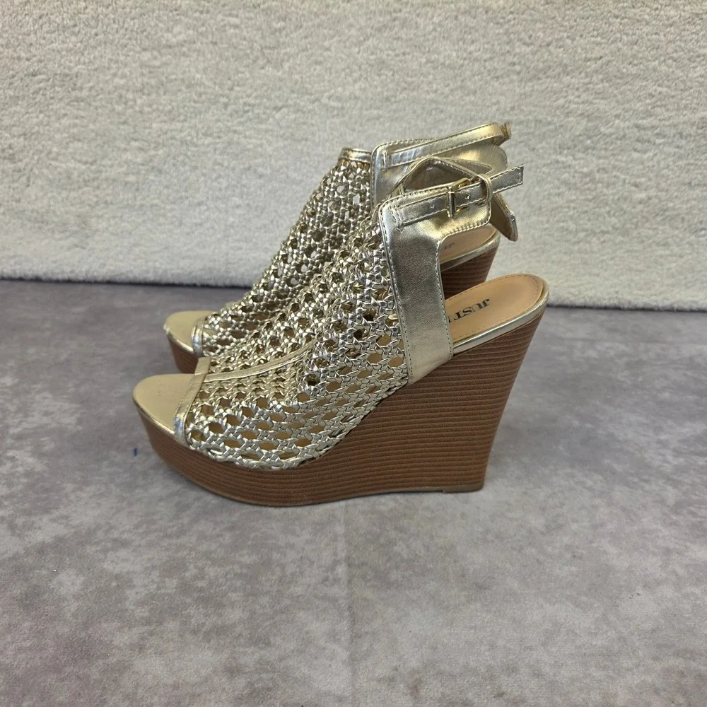 JustFab Sumner Gold Woven Wedge Sandals Metallic Strappy Platform Heels W-9.5